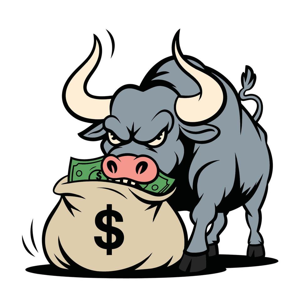 Aggressive bull with a bag of money illustration vector