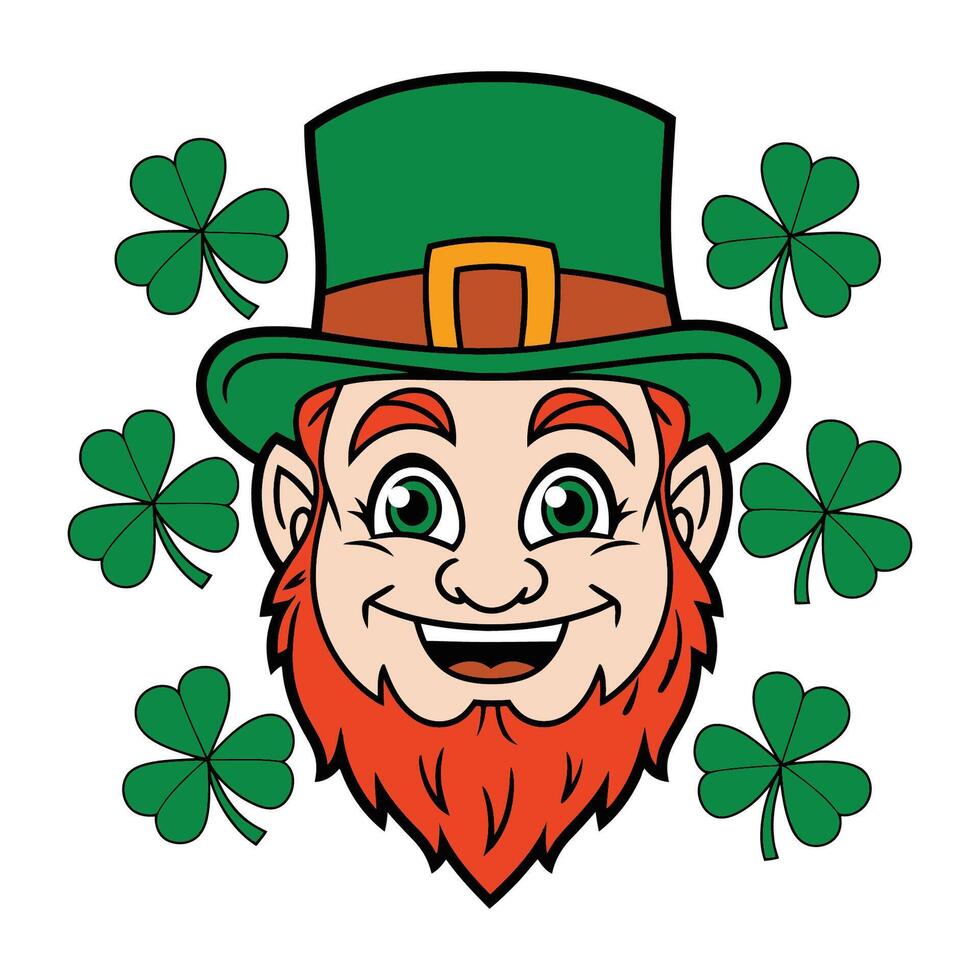 Cartoon Leprechaun Head with Clover Leaves vector