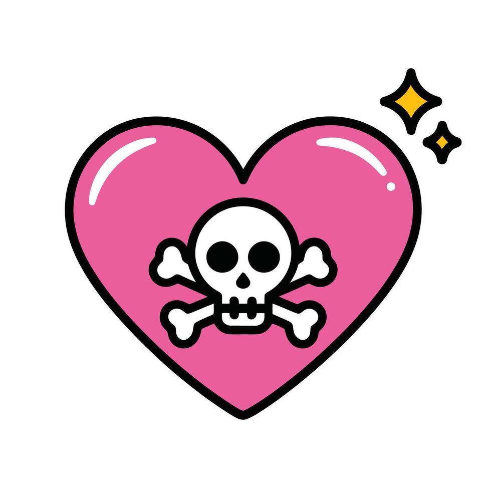 Skull and Crossbones on Pink Heart with Sparkles Cartoon Illustration vector