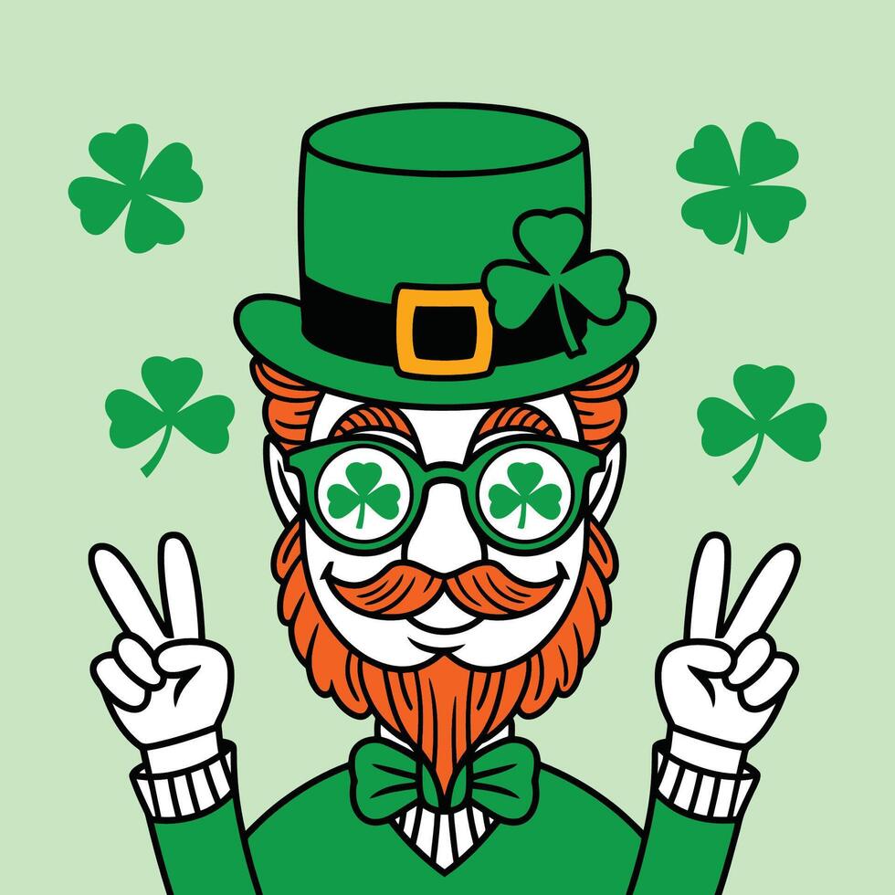 St. Patrick's Day Leprechaun with Shamrocks and Peace Sign vector