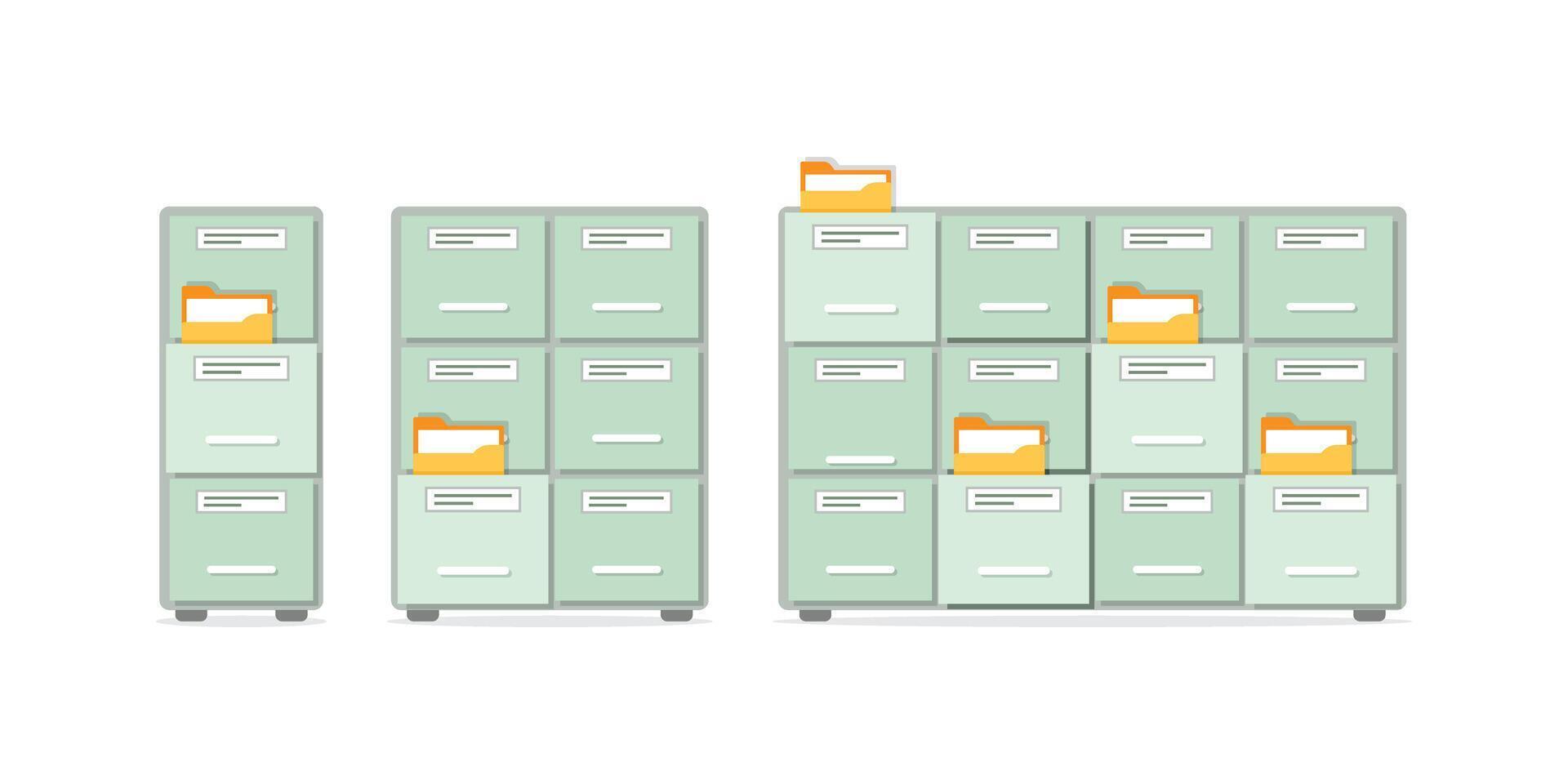 Office cabinet icon set in flat style. Furniture storage illustration on isolated background. Drawer sign business concept. vector