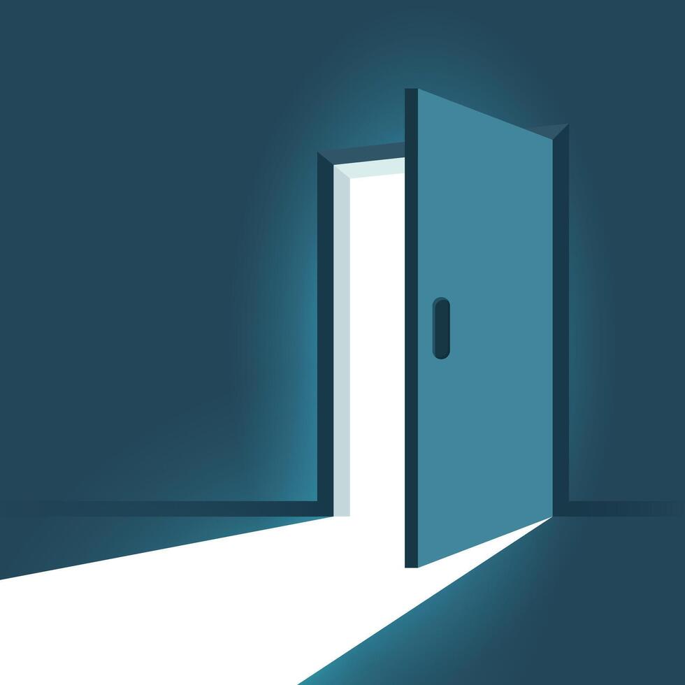 Open door with light icon in flat style. Dark room illustration on isolated background. Doorway entrance sign business concept. vector