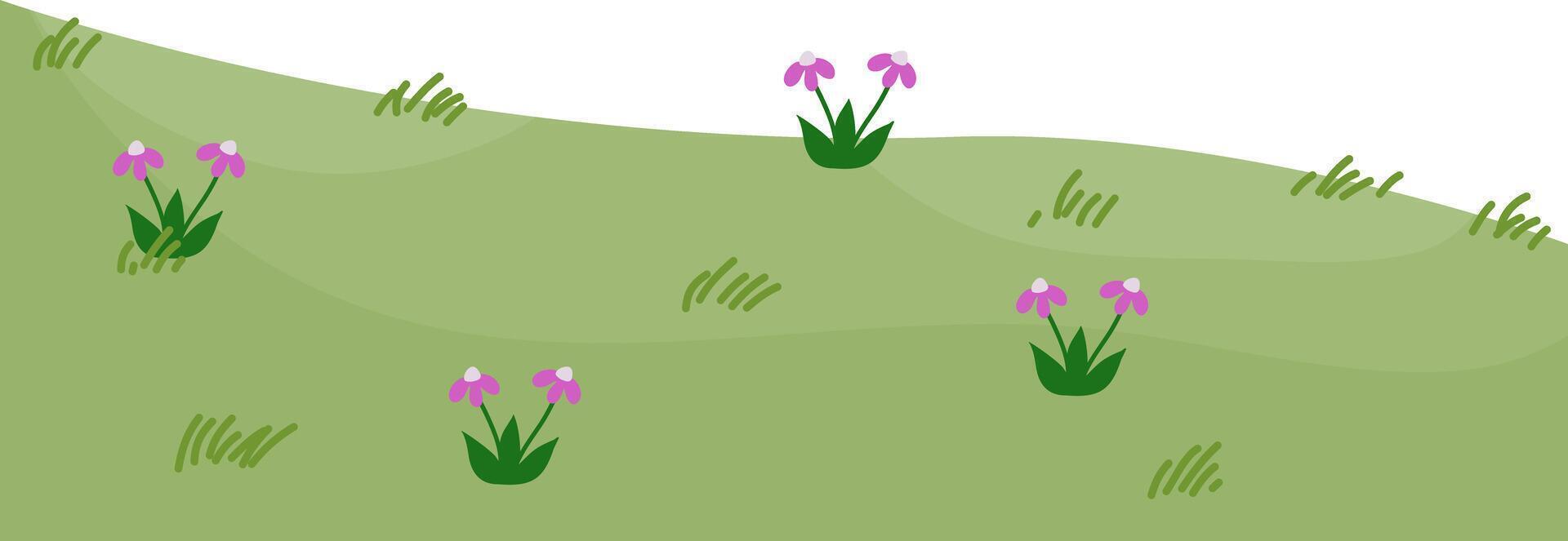Green grass with pink flowers cartoon vector