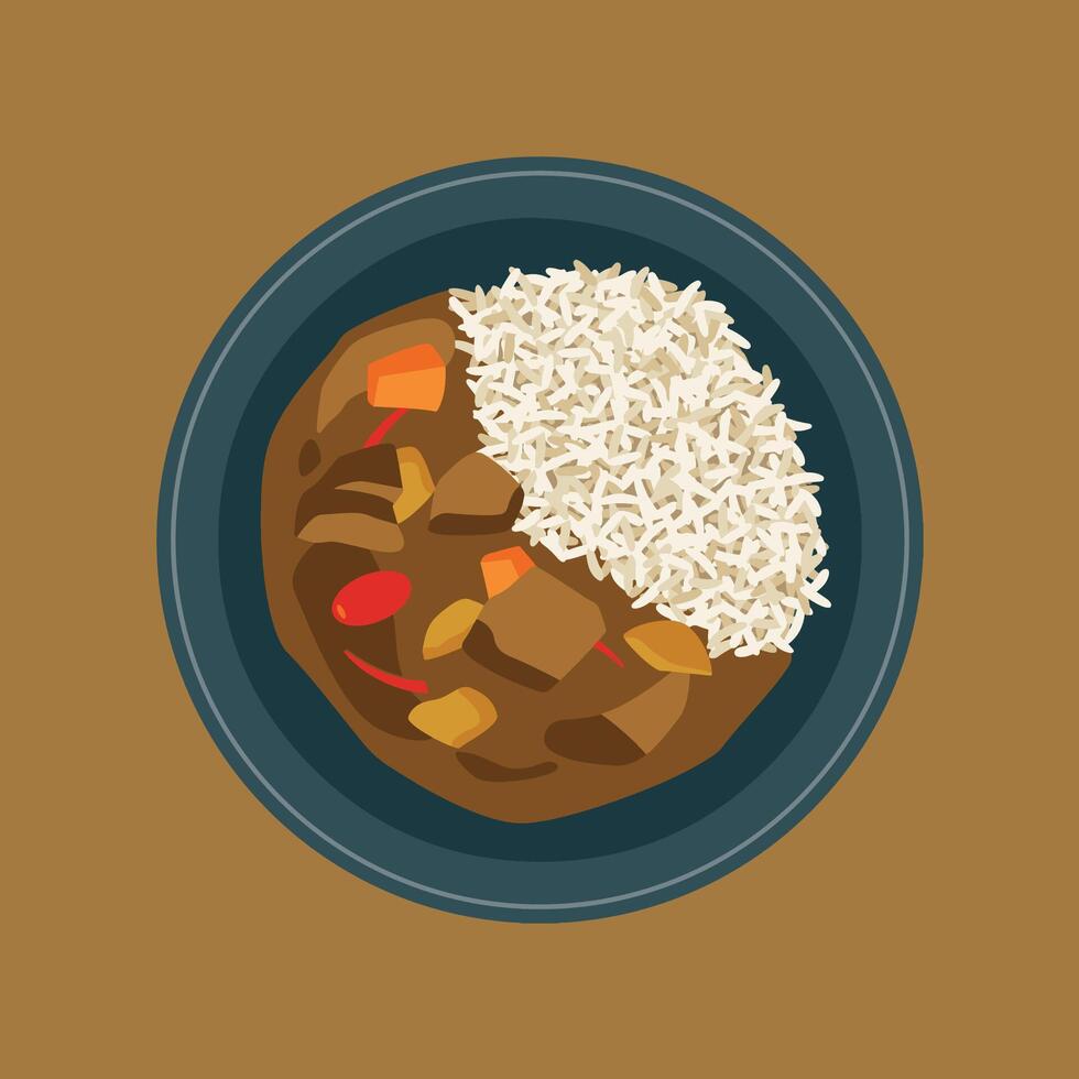 Flatlay Delicious curry rice meal vector
