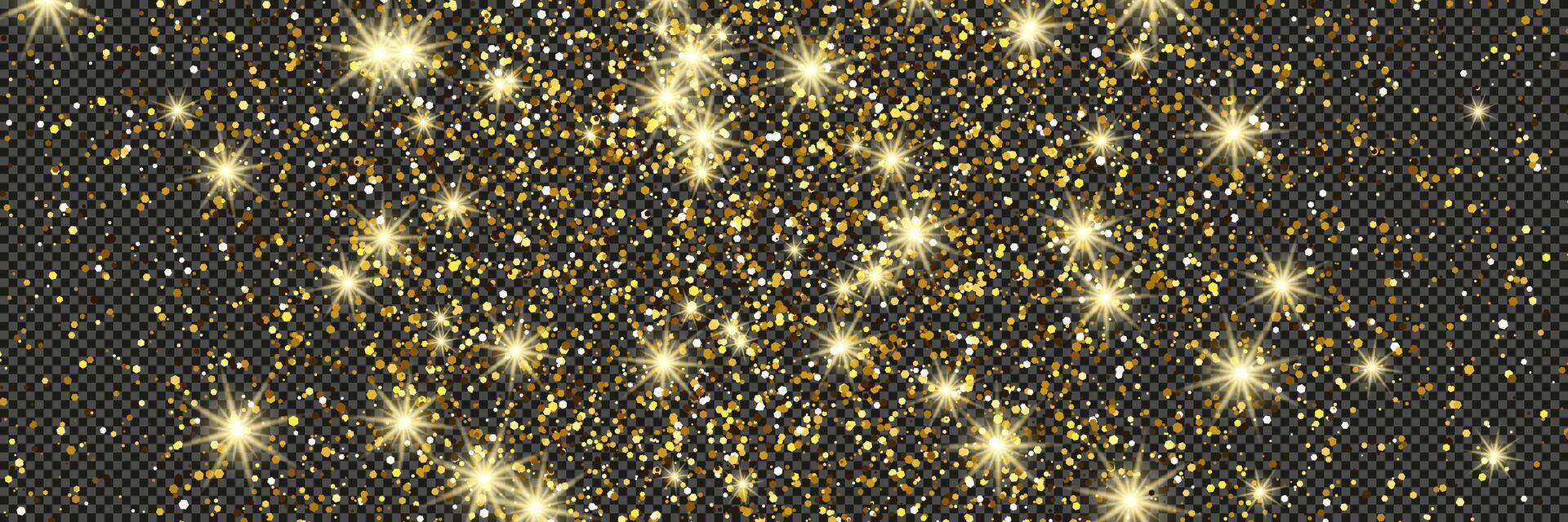Gold glittering dust with stars on a gray background. Dust with gold glitter effect and empty space for your text. illustration vector