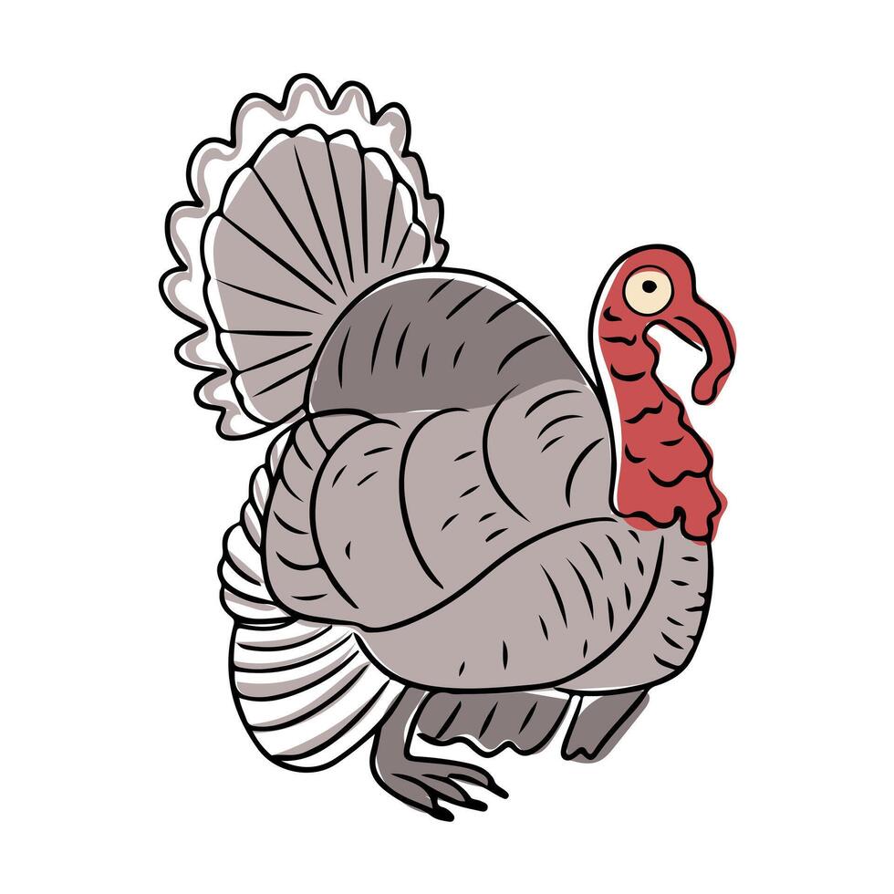 Illustration of turkey bird with detailed feathers and bright red wattle, designed in doodle style, symbolizing Thanksgiving and autumn harvest celebrations. hand drawn drawing vector