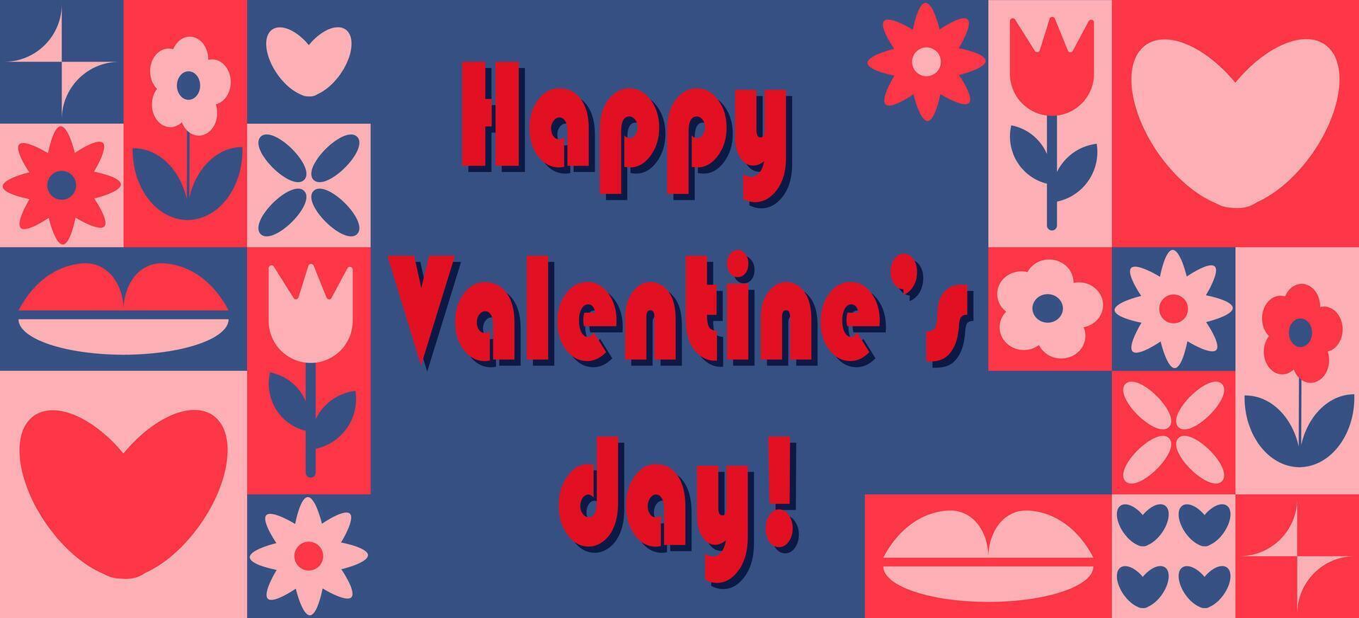 Festive Valentines Day banner with geometric shapes, flowers, hearts, and bold red and pink typography on deep blue background, symbolizing love and romance vector