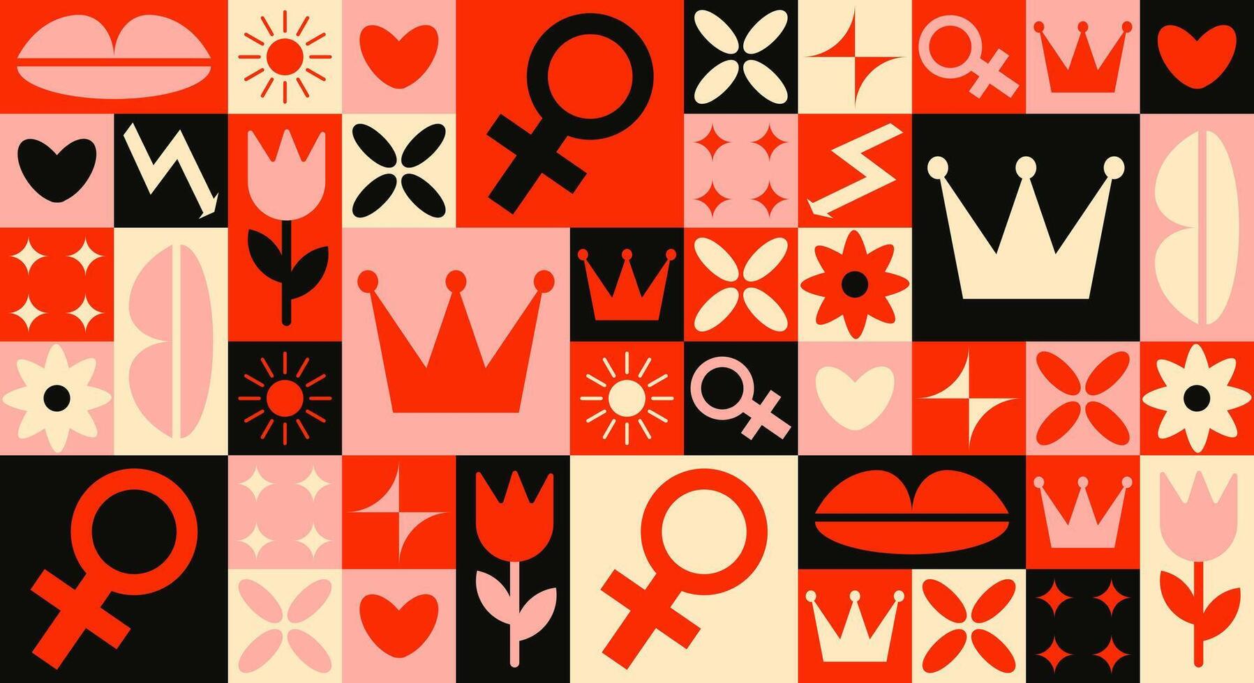 Vibrant geometric banner with feminine symbols, crowns, flowers, and hearts in bold red, pink, black, and beige tones, celebrating International womens day. Abstract illustration vector
