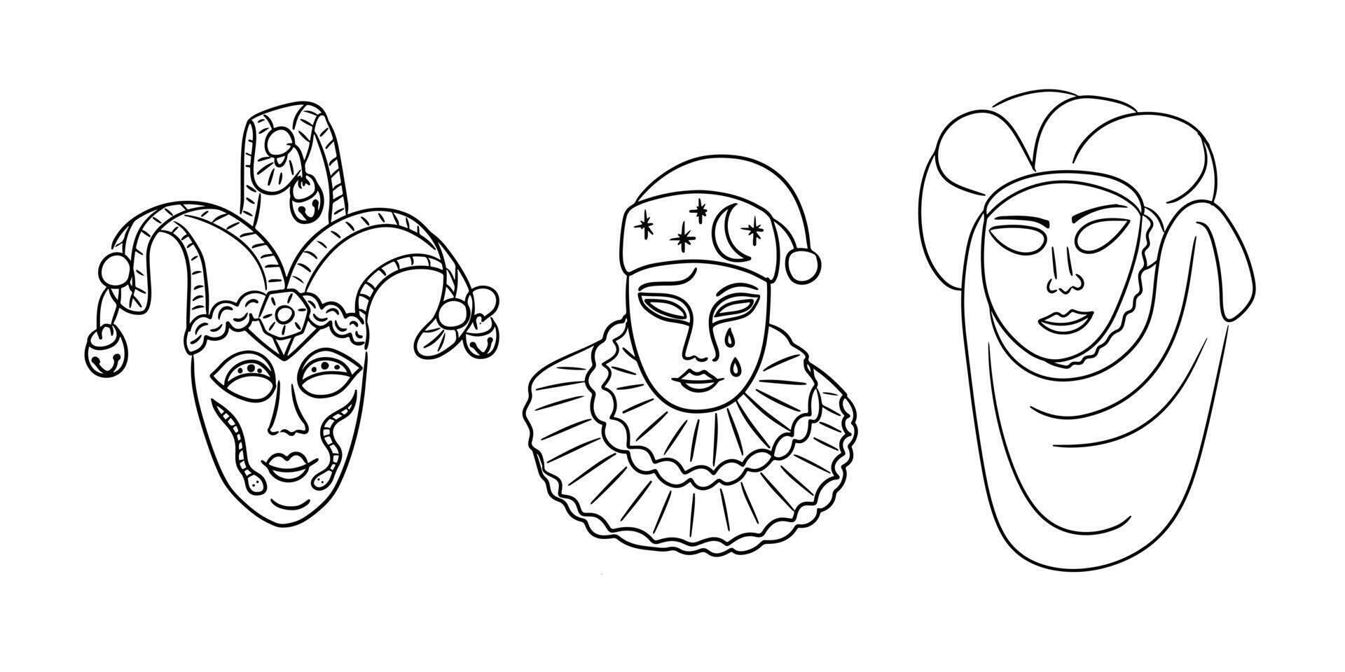 Elegant black and white doodle illustration of three Venetian carnival masks with intricate designs, symbolizing tradition and theatrical art. Contour drawings set for carnival vector