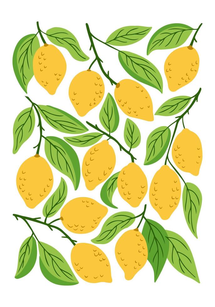 Bright and fresh poster with yellow lemons with vibrant green leaves isolated on white background, evoking summer, freshness, and natural beauty. Retro 60s style illustration vector