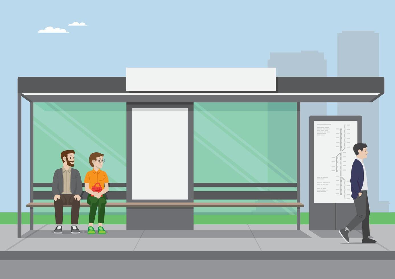 a cartoon illustration of man and woman sits on a bus shelter while the other man just walk passing by. vector