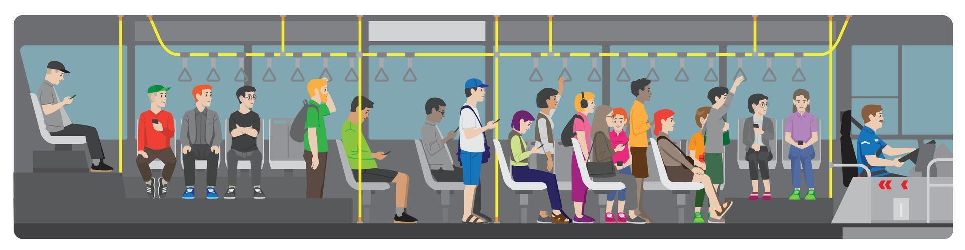 a number of people standing and sitting inside of a moving city bus with its driver vector