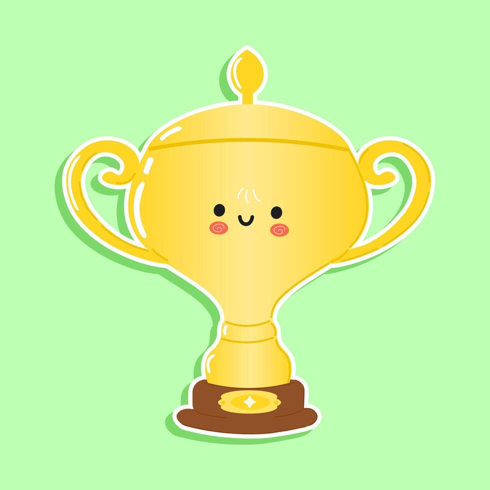 Sticker Golden trophy cup character. hand drawn cartoon kawaii character illustration icon. Isolated on green background. Golden trophy cup character concept vector