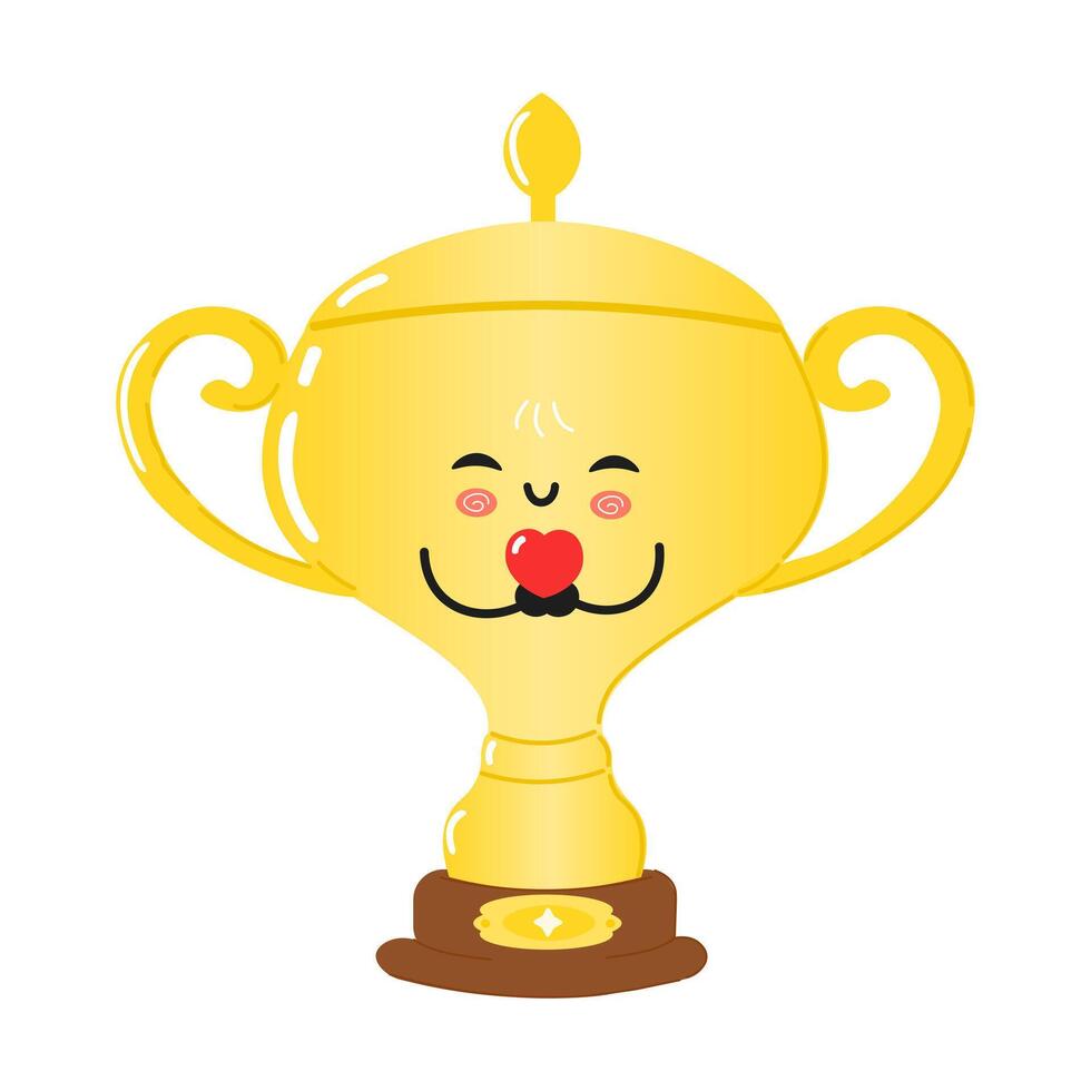 A happy cartoon Golden trophy cup character with a heart on a plain white background, symbolizing love and joy. Happy Golden trophy cup in love character concept vector
