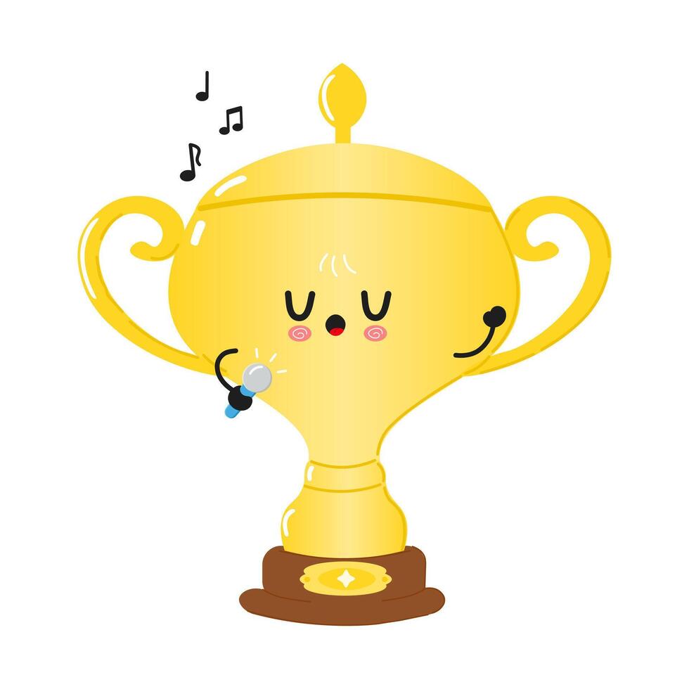 Cute Golden trophy cup character singing into a microphone character. hand drawn cartoon kawaii character illustration icon. Isolated on white background. Golden trophy cup character concept vector