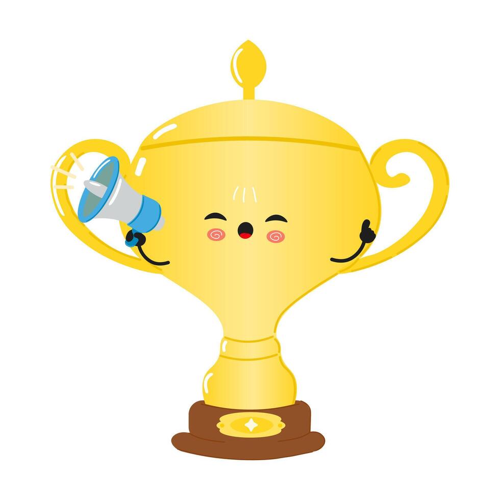 Cheerful Golden trophy cup character holding a megaphone. hand drawn cartoon kawaii character illustration icon. Isolated on white background. Golden trophy cup screams character concept vector
