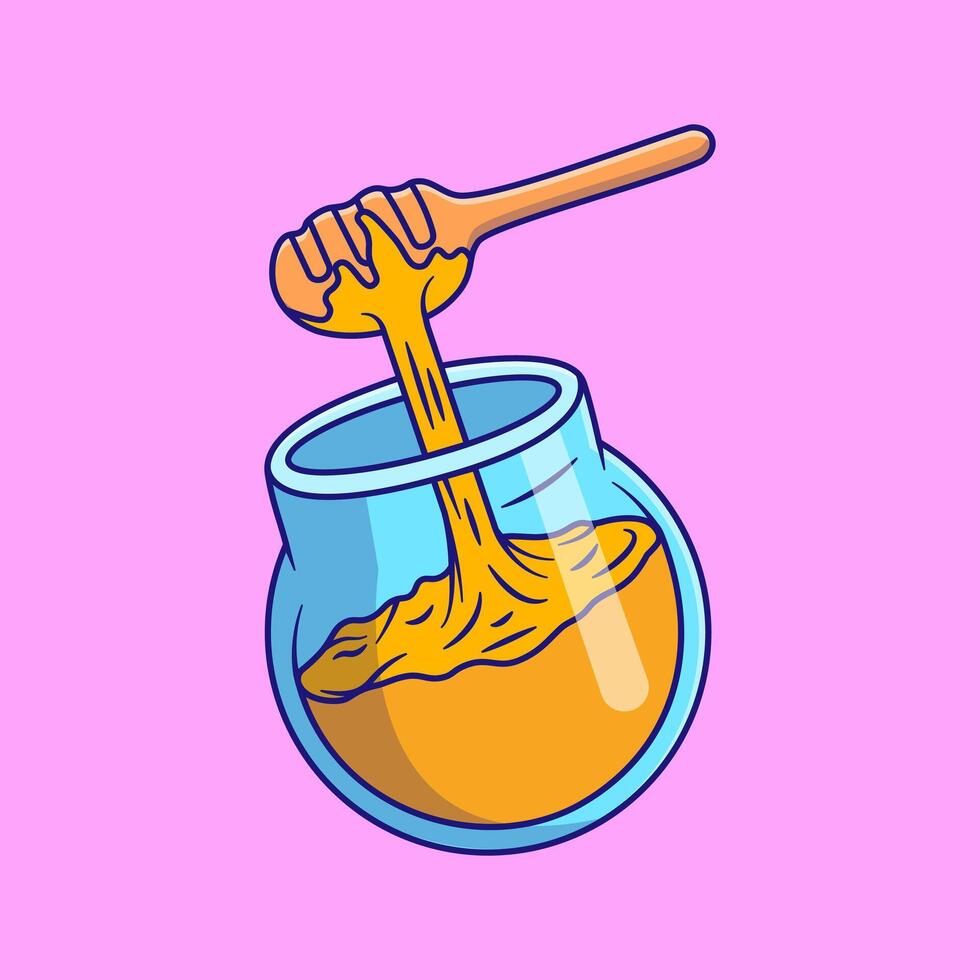 Honey Jarr With Dripping Spoon Cartoon Illustration. Food Object Concept. Flat Cartoon Outline Style. vector