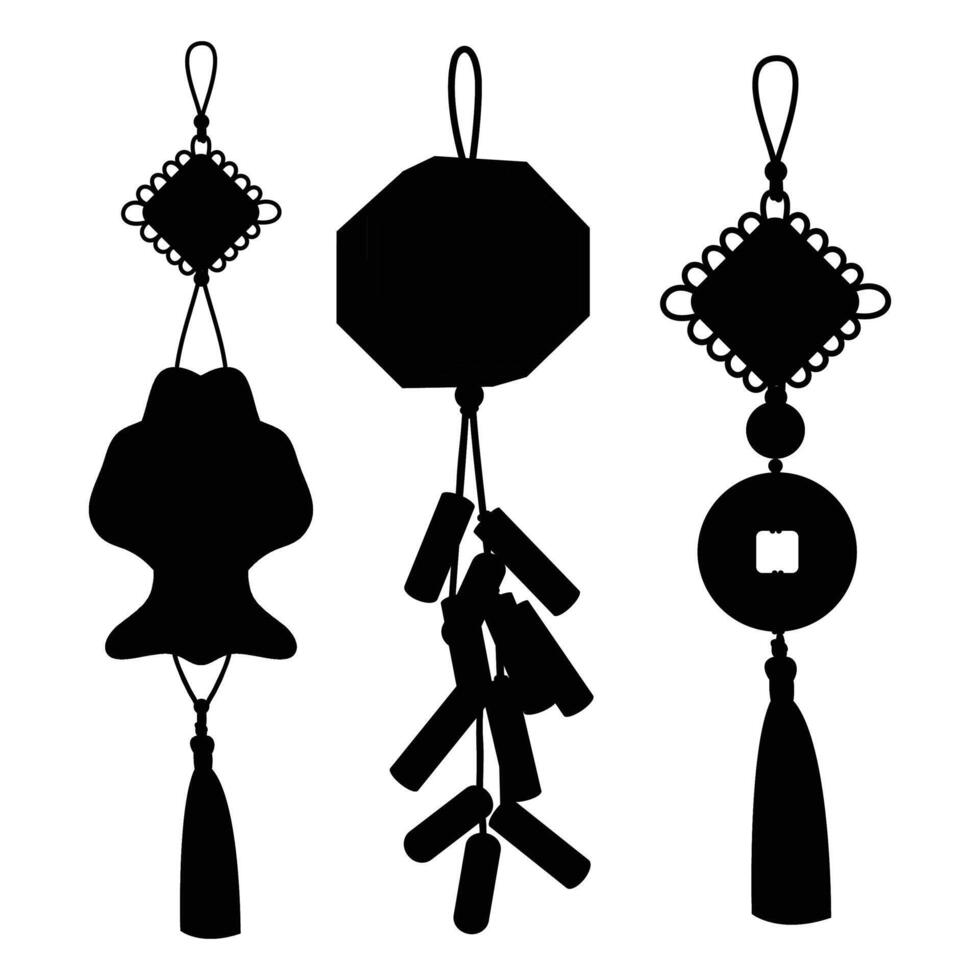 Silhouette of Chinese Traditional Ornaments and Hanging Asian Lanterns vector