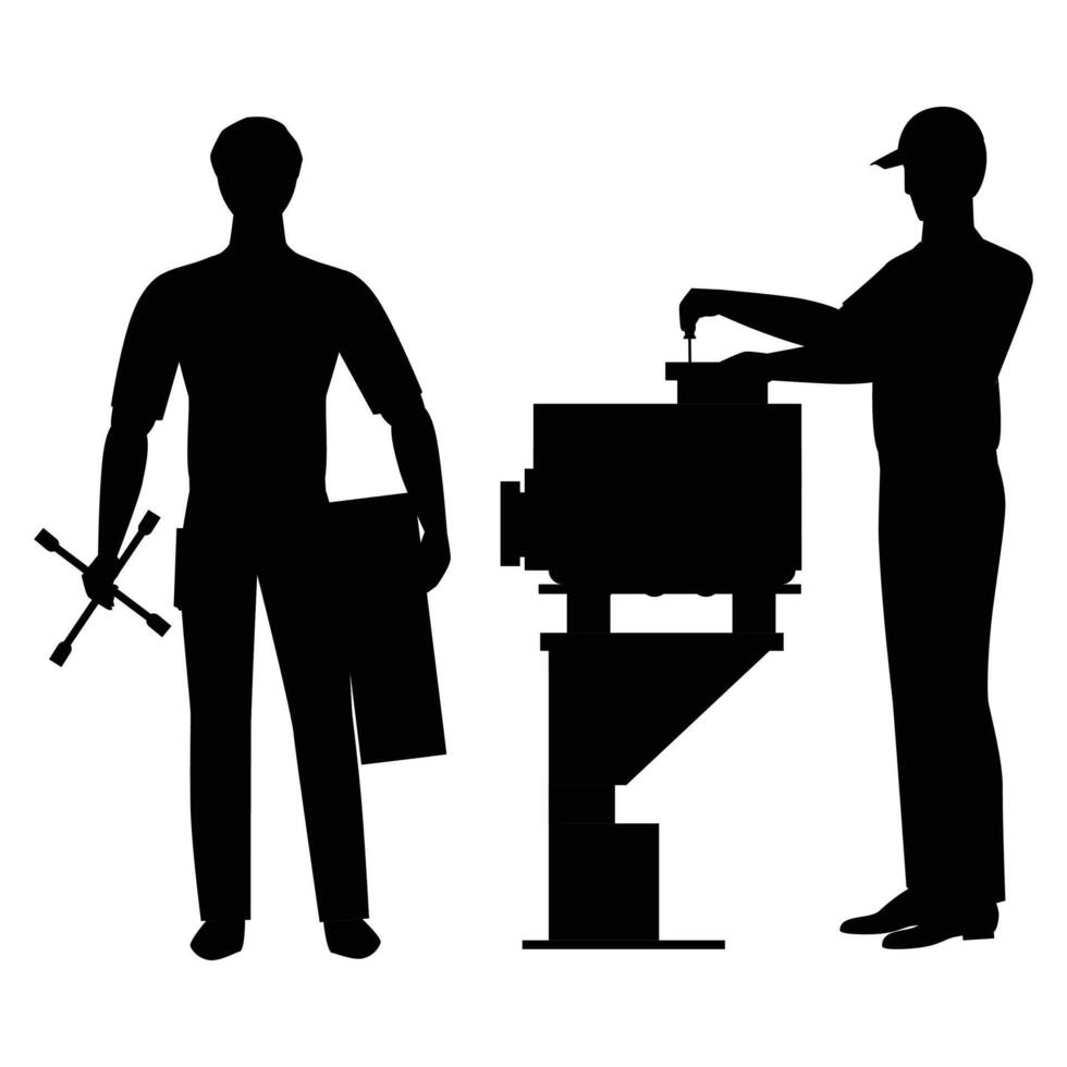 Black Set of Auto Service with Mechanic and Car Silhouettes vector