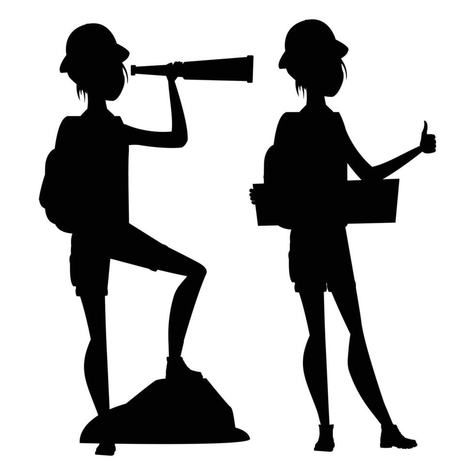 Silhouette of Female Travelers with Backpacks and Luggage vector