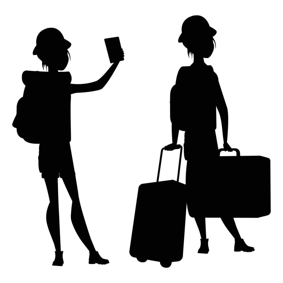 Silhouette of Female Travelers with Backpacks and Luggage vector