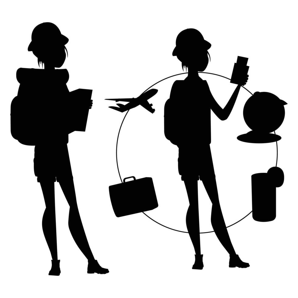 Silhouette of Female Travelers with Backpacks and Luggage vector