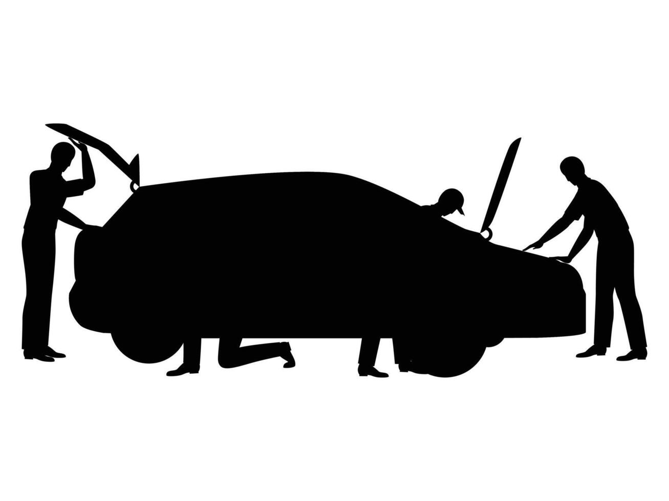 Black Set of Auto Service with Mechanic and Car Silhouettes vector
