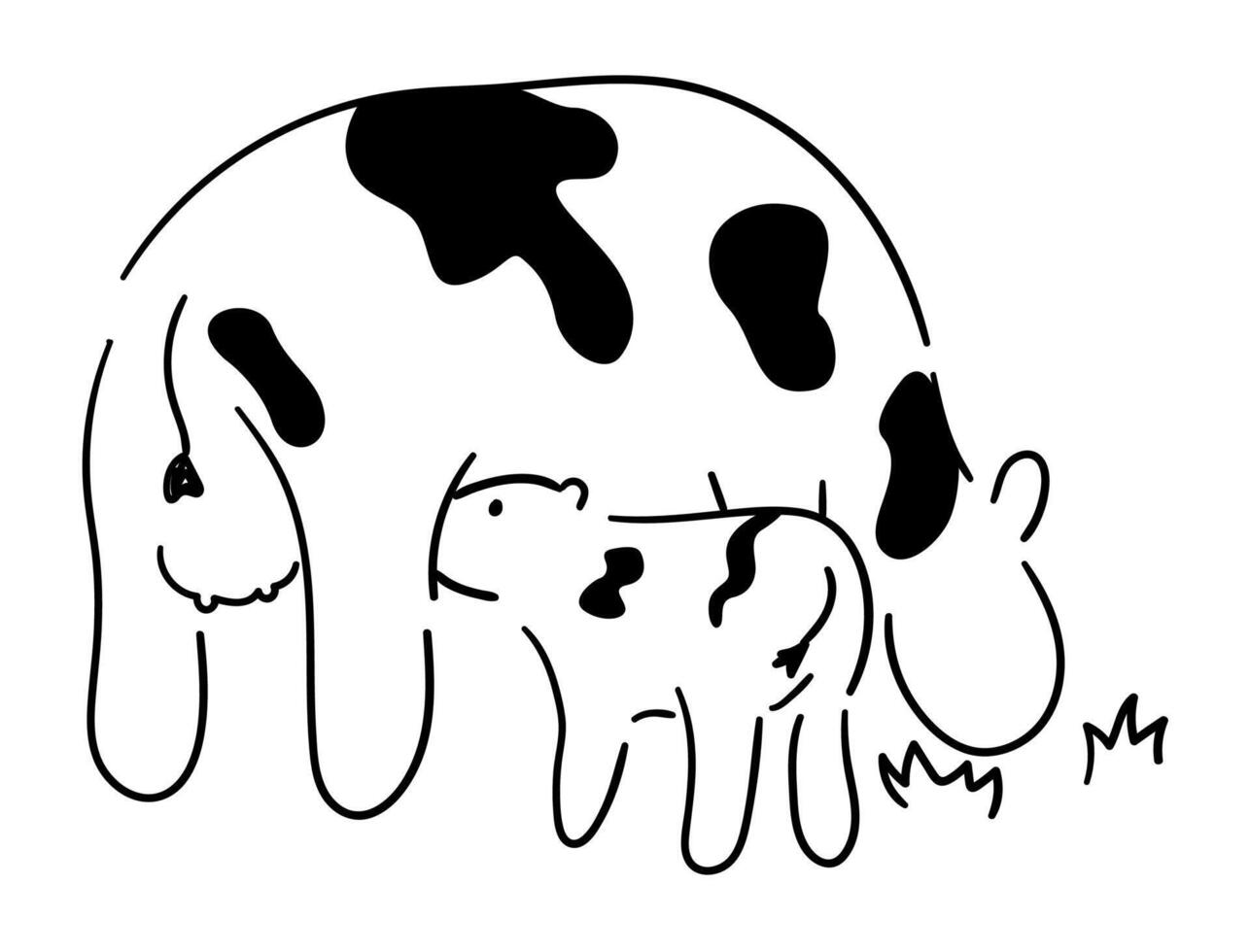 Hand drawn cute cow, cow doodle, black and white cow, illustration of cow and calf vector