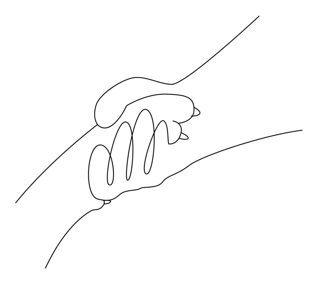 Hand and dog paw holding each other, Close up of dog shaking hands with her owner line art vector