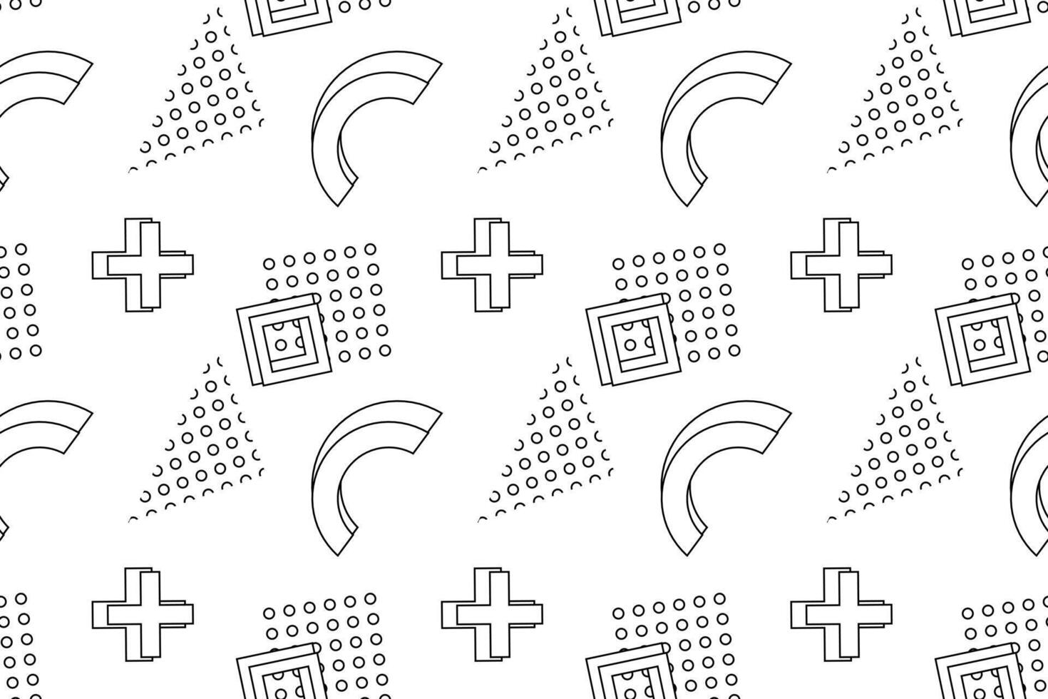 Black-and-white seamless pattern featuring plus signs, semicircles, triangles, squares, and dotted elements for coloring. vector