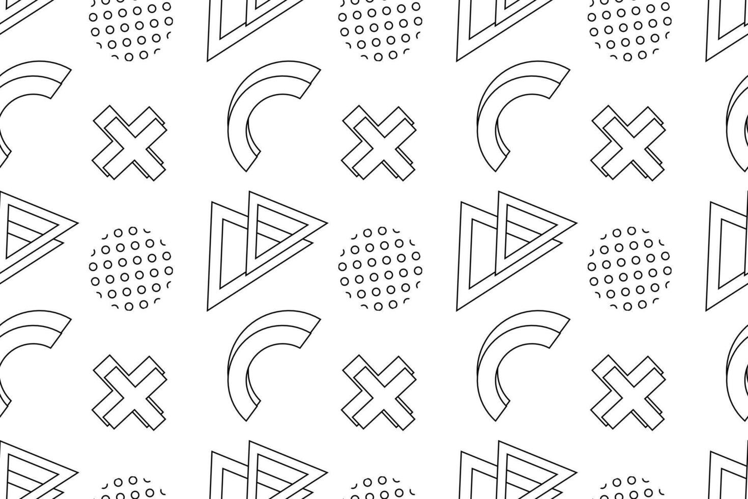 lack-and-white seamless pattern featuring triangles, crosses, semicircles, and dotted circles for children coloring. vector