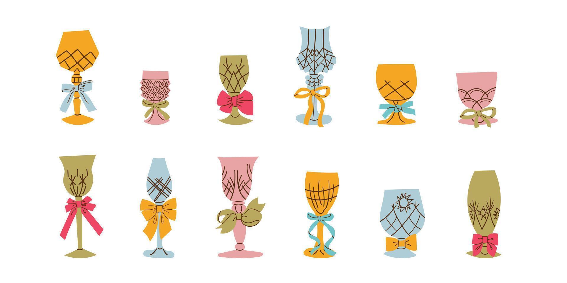 Set of festive glasses for alcoholic cocktails of different forms. Decorative elegant faceted glasses on legs with ribbons and bows. New Year's stickers of the holiday and fun. Container for drink . vector
