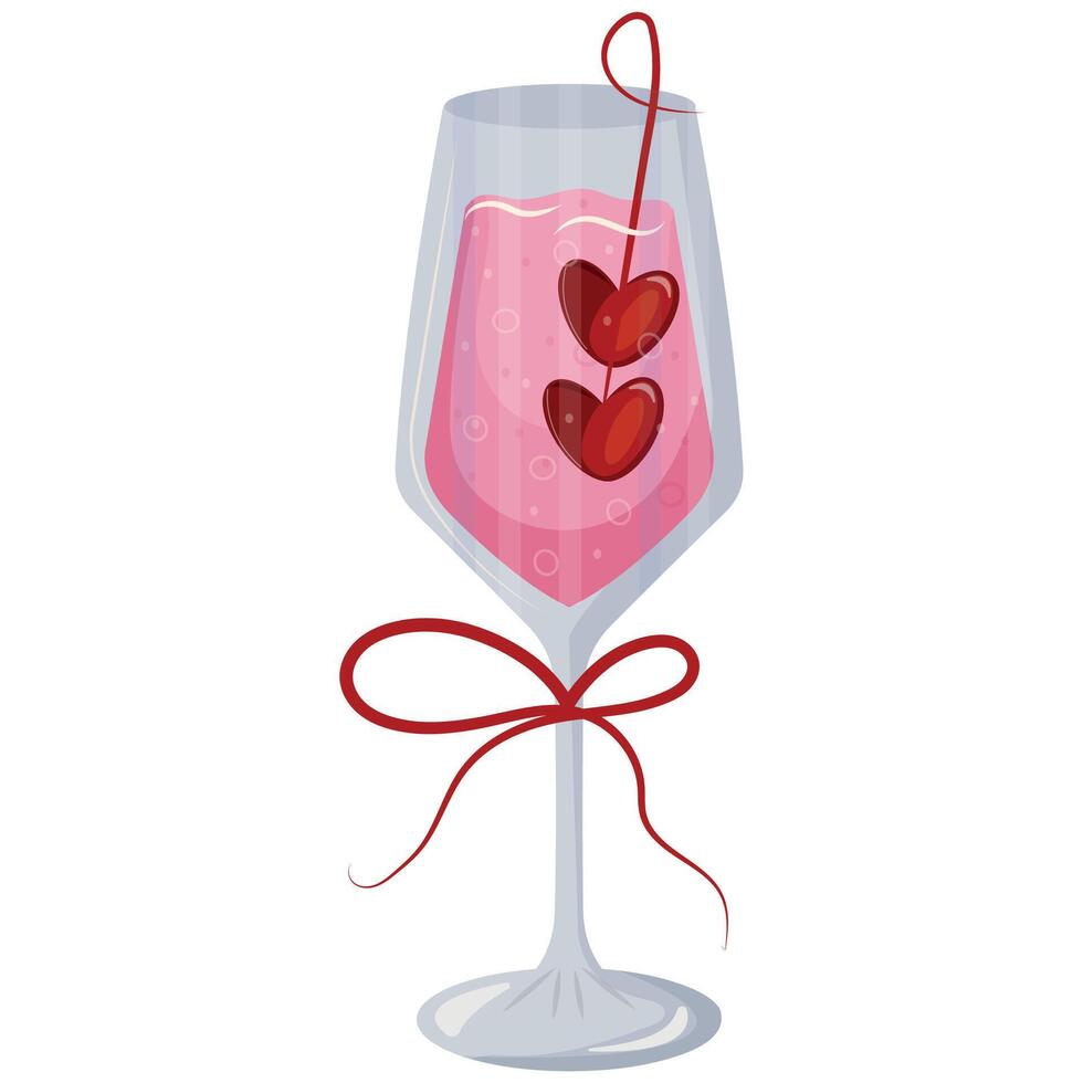 rectangular wine glass icon with pink drink and berries in heart shape and red bow, valentines day design vector