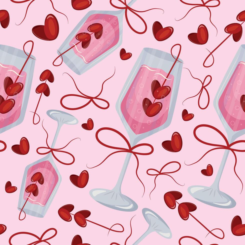 seamless pattern with rectabgular wine glasses, pink champagne, berries in the shape of a heart and bows on a light pink background for Valentine's Day vector