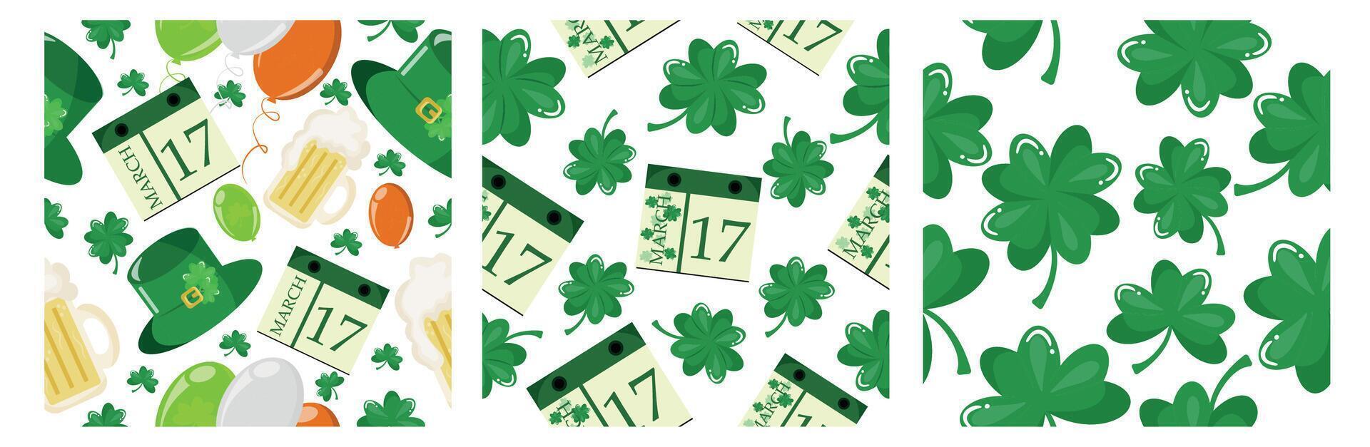 set of three seamless patterns for St. Patrick's Day with different leprechaun hats, four-leaf clovers and calendars on different backgrounds vector