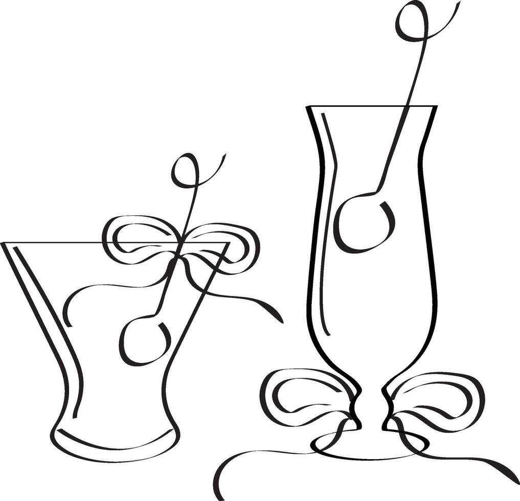 black and white set with round cocktails glasses and a long cocktails glass with berries drawn in outline, design for valentine's day vector