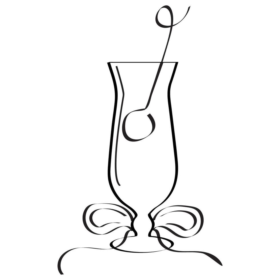 original icon of a long cocktails glass with an olive in it is drawn with a black outline vector