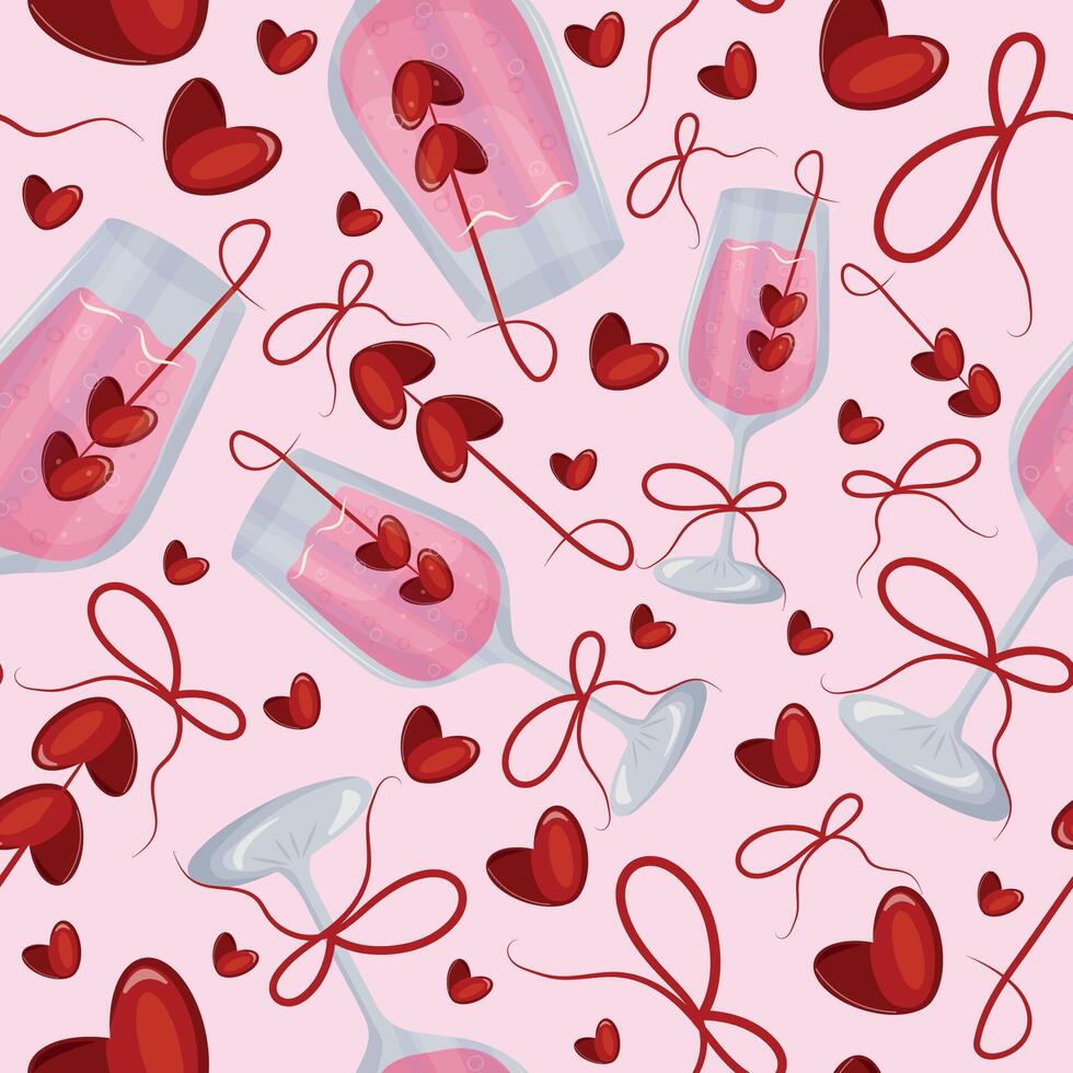 seamless pattern with wine glasses, pink champagne, berries in the shape of a heart and bows on a light pink background for Valentine's Day vector