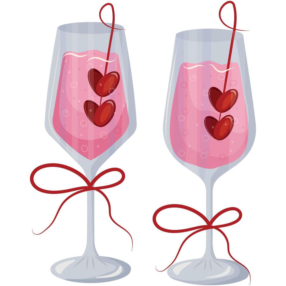 set wine glass icon with pink drink and berries in heart shape and red bow, valentines day design vector