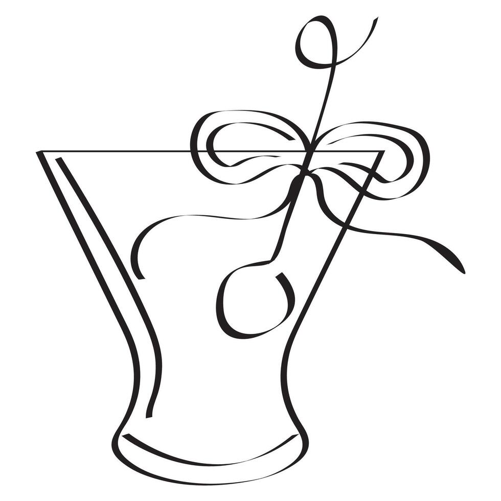 original icon of a round cocktails glass with an olive in it is drawn with a black outline vector