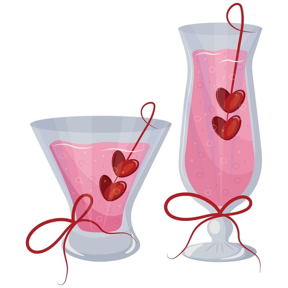 set of round cocktails glasses and long cocktail glass with pink drink and berries in the shape of hearts and red bows, valentine's day design vector
