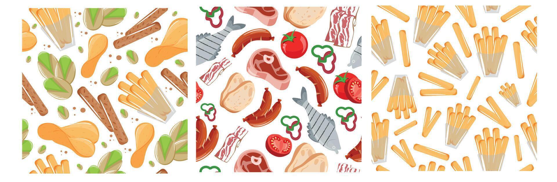 set of three seamless patterns with a variety of food, namely a variety of appetizers, snacks, meat, fish and barbecue on light backgrounds vector