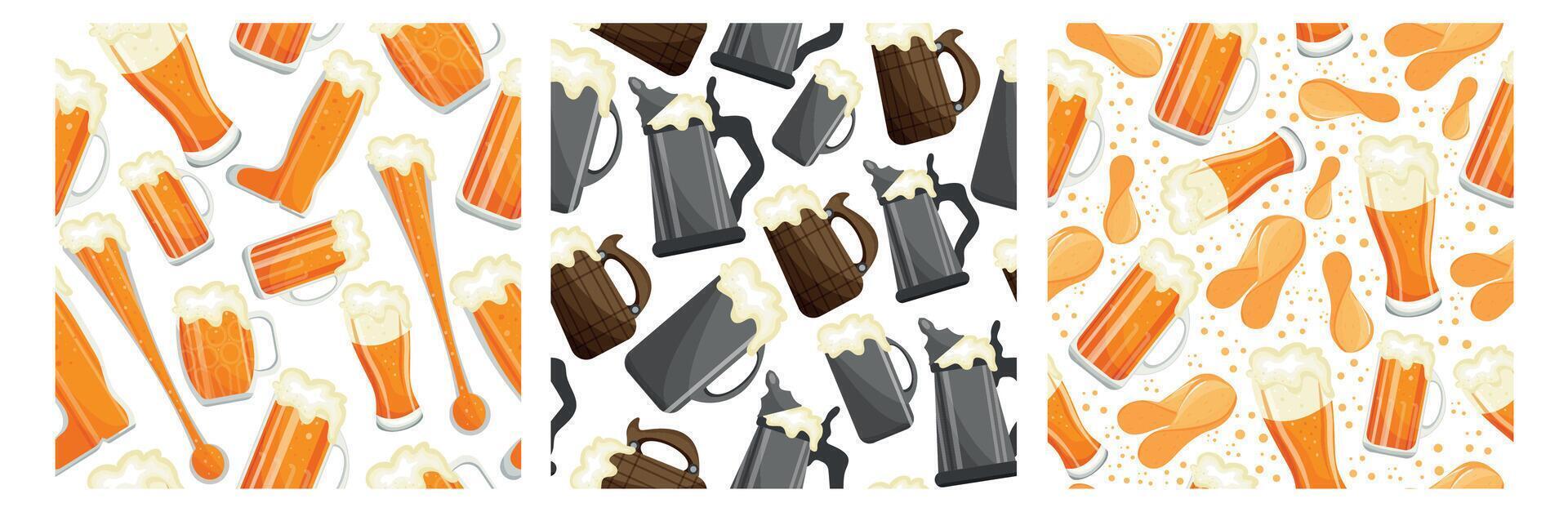 set of three seamless patterns of various beer glasses of different sizes and shapes on light backgrounds vector