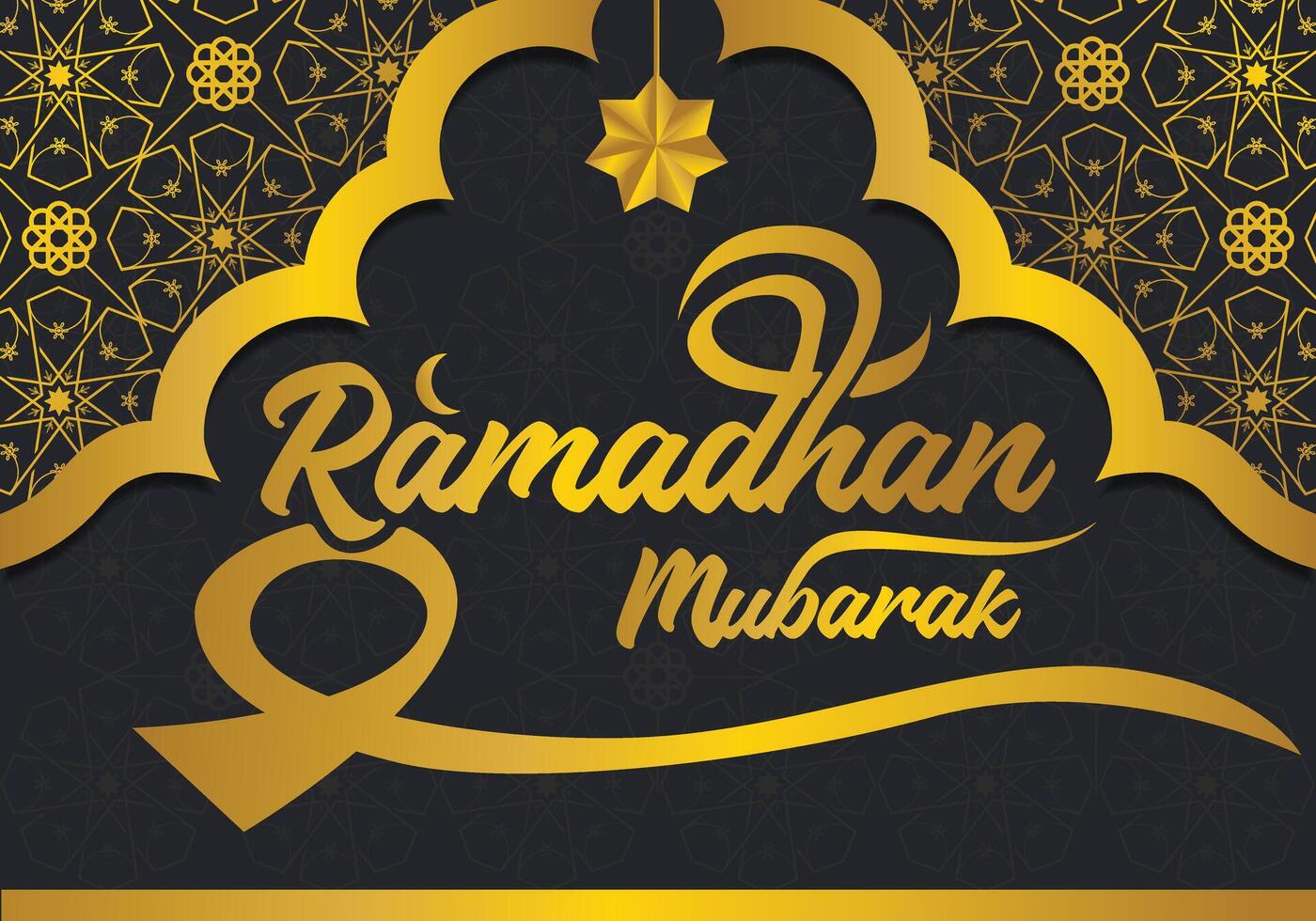 Elegant Ramadhan Mubarak Greeting Card with Islamic Geometric Patterns in Gold and Black. Ramadhan Mubarak greeting car. vector
