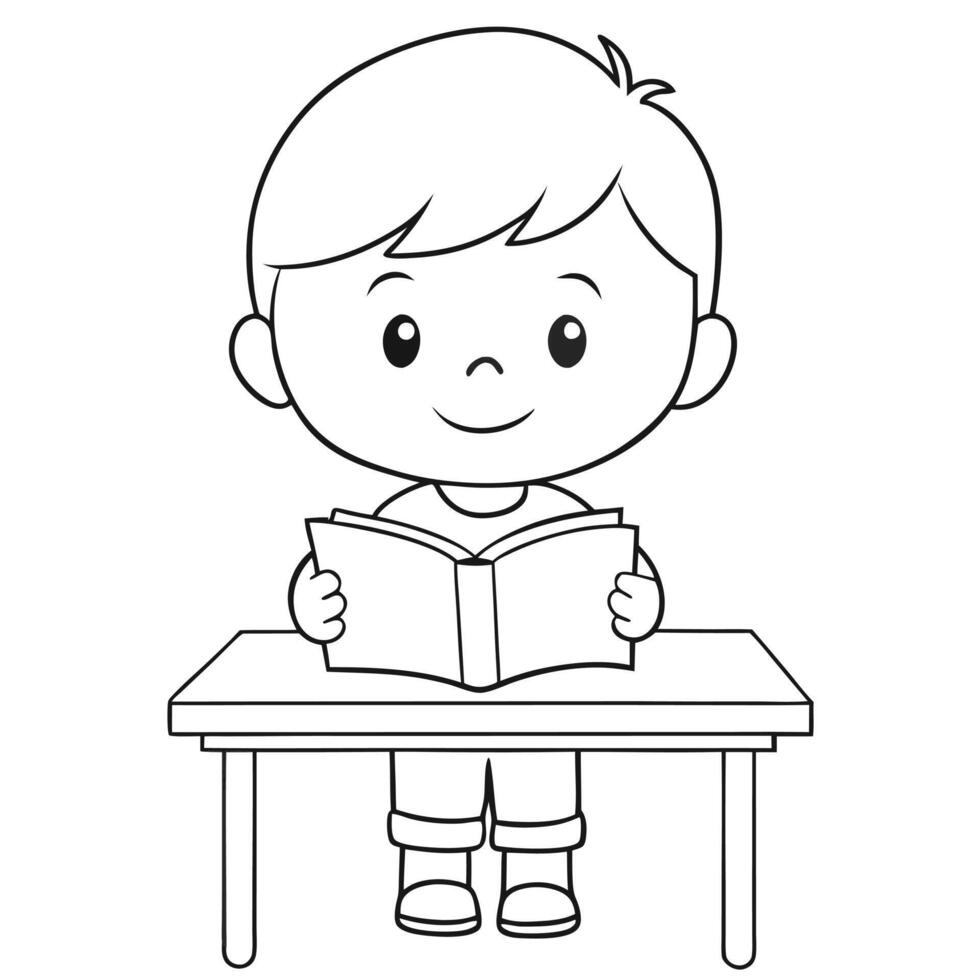Cartoon Boy Reading in a Simple Line Drawing Style vector
