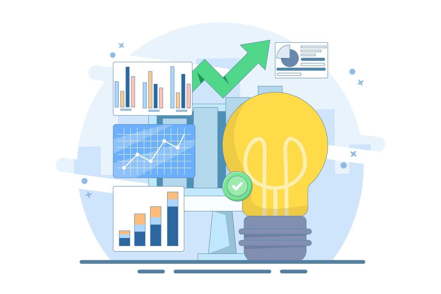 Analyzing Data Concepts, Creating New Ideas. Working on New Startups, Business Missions, Creative Ideas and Analysis. Researching new creative ideas. Flat Illustrations in Background. vector
