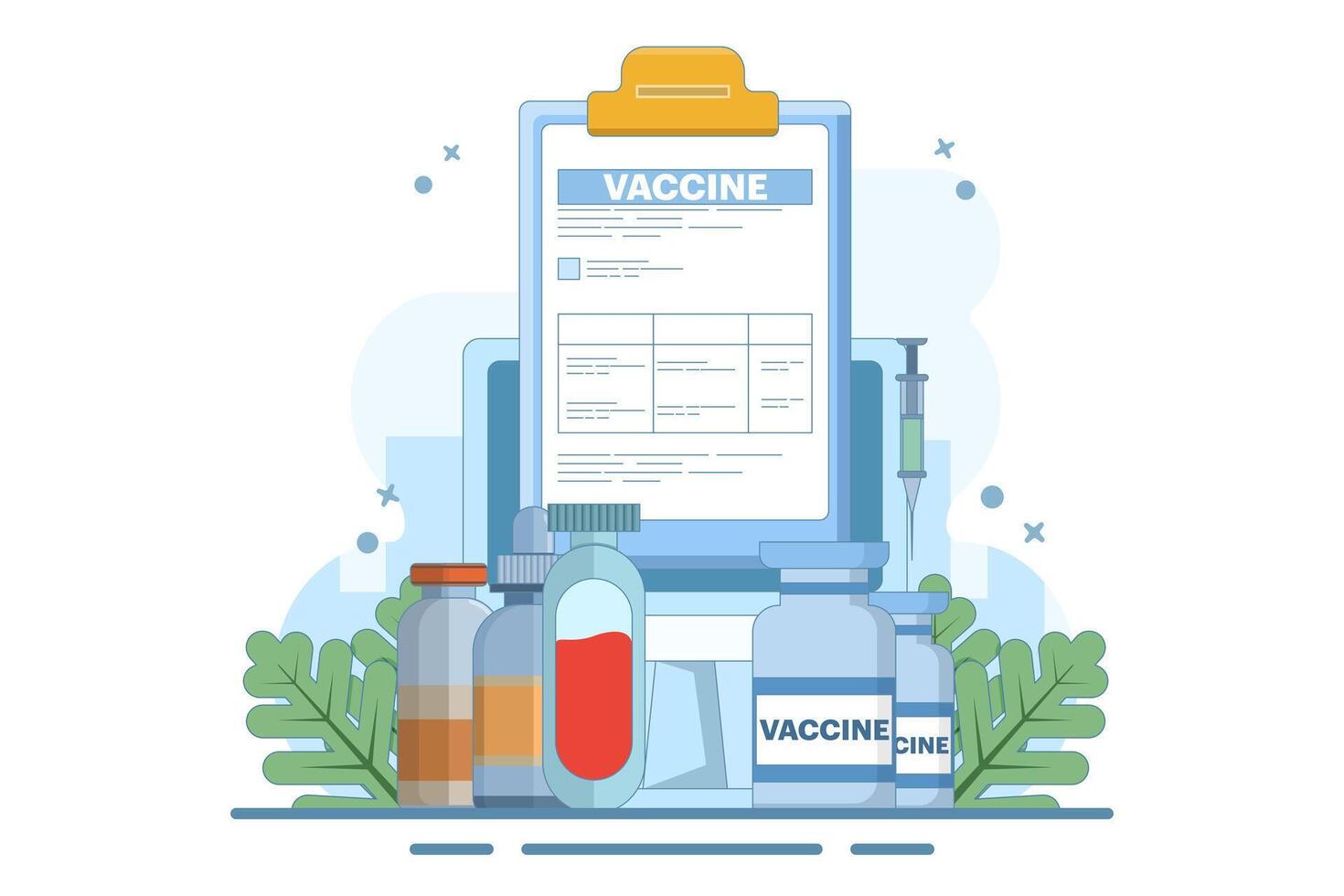 Concept of global vaccination preparation against the virus. Vaccine ready for clinical trials. Concept of immunization campaign. Flat illustration on background. vector