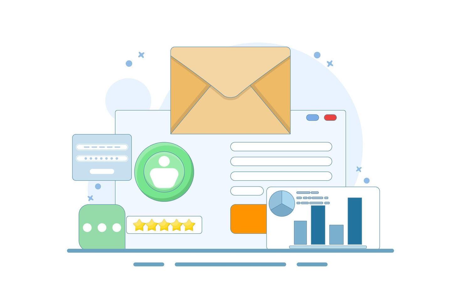 CRM concept for business, customer relationship management. Business uses CRM software to manage customers, Business analytics, CRM technology, illustration with icons on background. vector