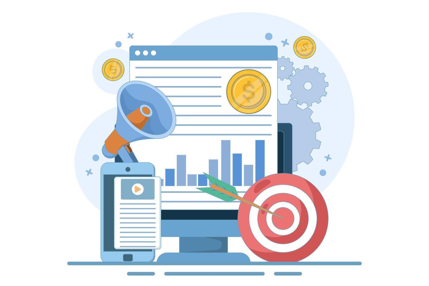 Digital online marketing concept for business and social media marketing, content marketing, website, viral, SEO, keywords, advertising and internet marketing. Infographics. Flat illustration. vector