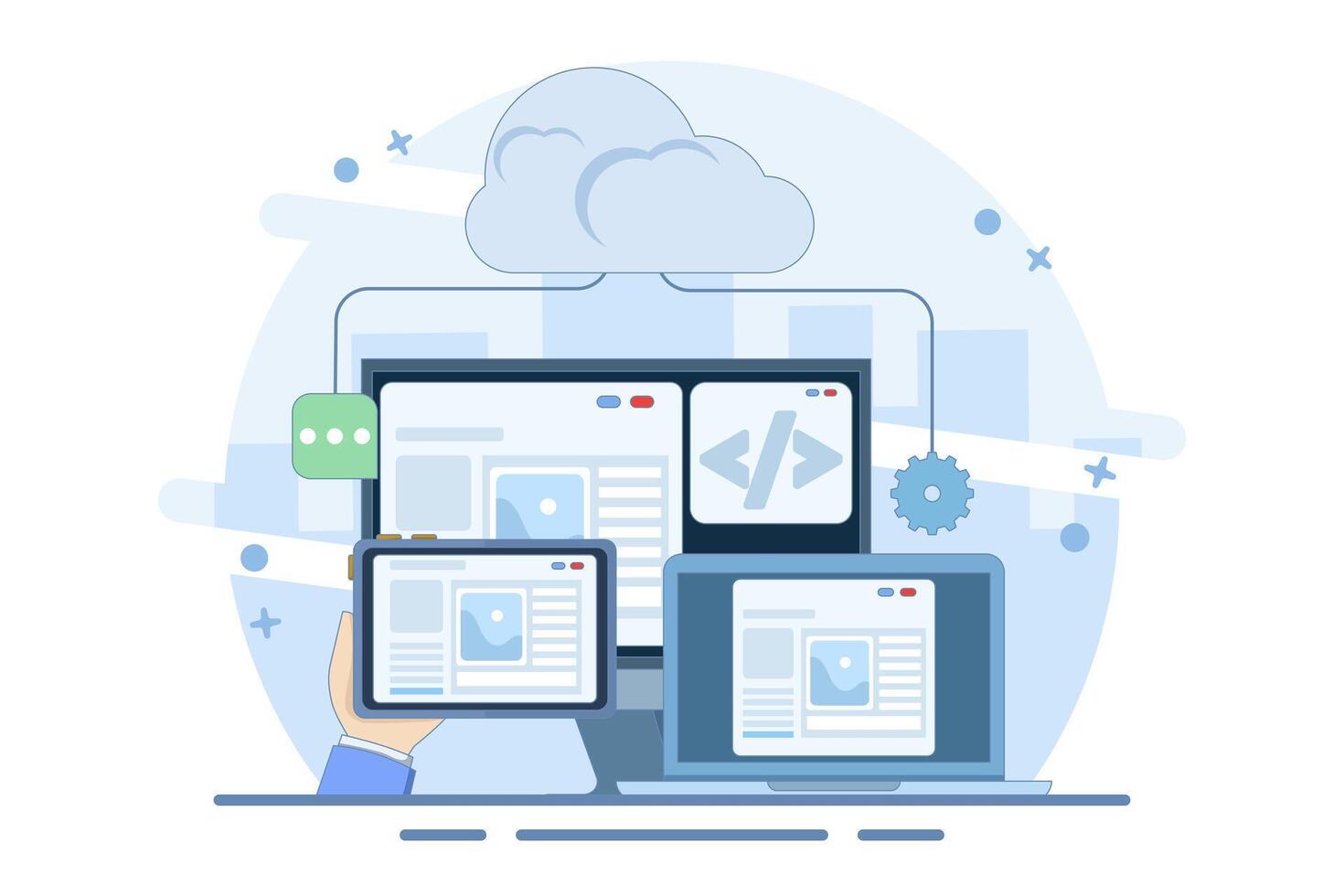 Cloud based web hosting concept, Website hosted on cloud server, Backup file upload technology on cloud server storage. Cloud hosting for websites and applications, Flat design illustration. vector